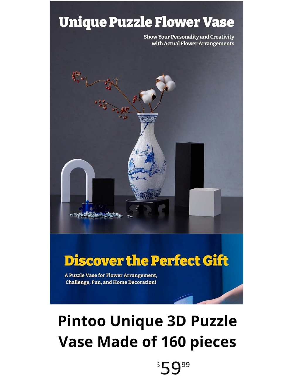 Blue & White 3D Puzzle Vase — Decorative Home Accent